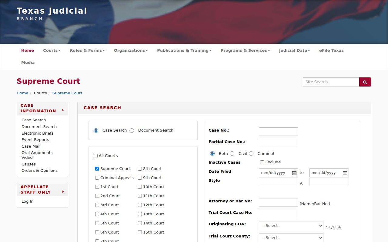 Coppell resident lookup Texas appellate case search fields